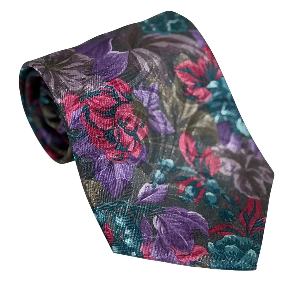 VTG Camden Court Necktie Floral Purple Pink Gray Polyester Retro Formal Men OS